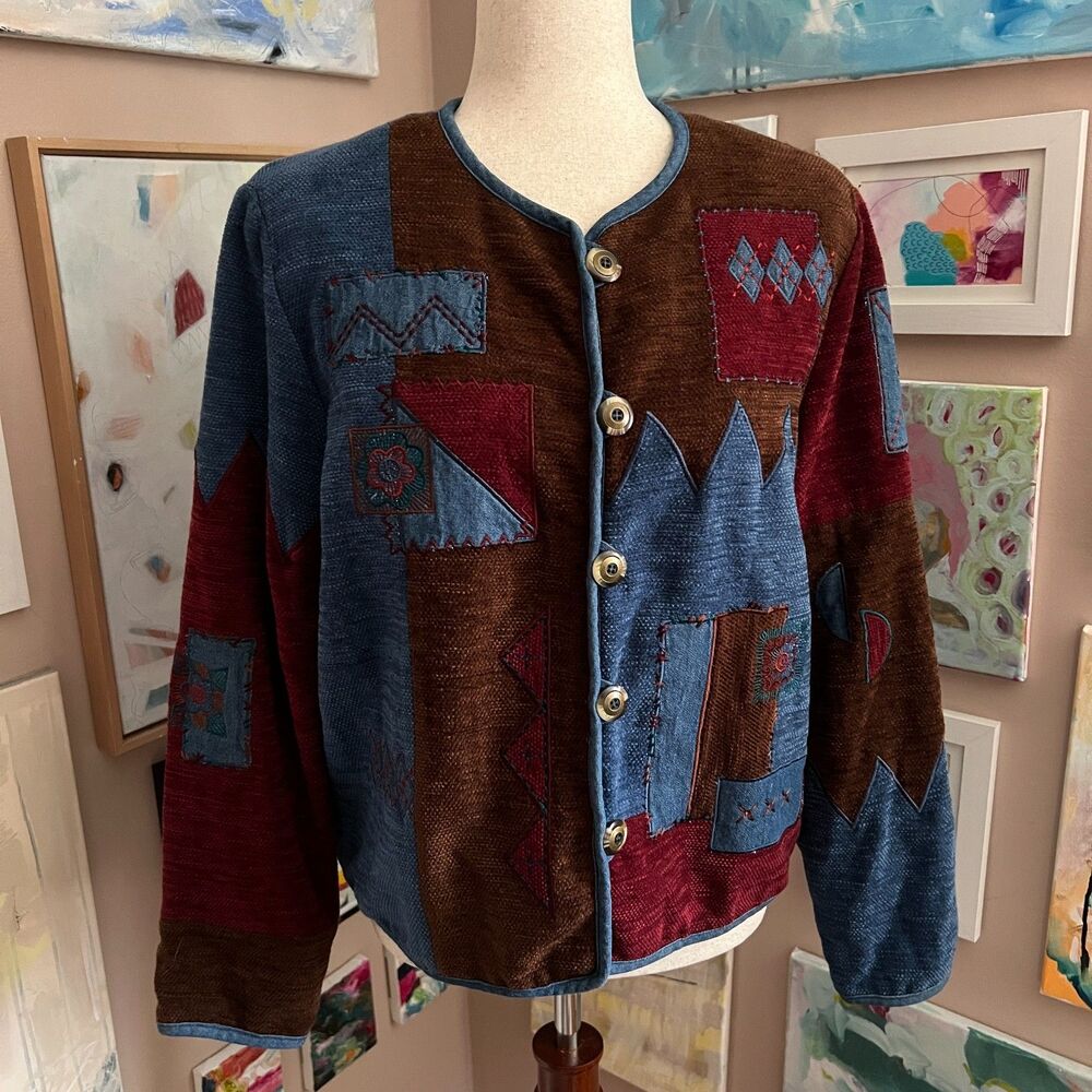 Vintage Koret City Blues Patchwork Chenille Jacket Geometric Boho Artsy Size M - Picture 1 of 8